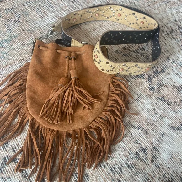 🛑SOLD Rebecca Minkoff Boho Tan Suede Fringe Crossbody Embellished Strap Handbag - Picture 2 of 13